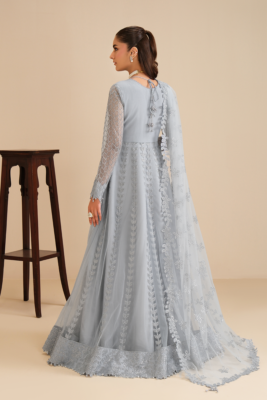 Ice Queen – Embroidered Icy Gray Net Maxi Gown 3-Piece Suit - Pehnaawaa