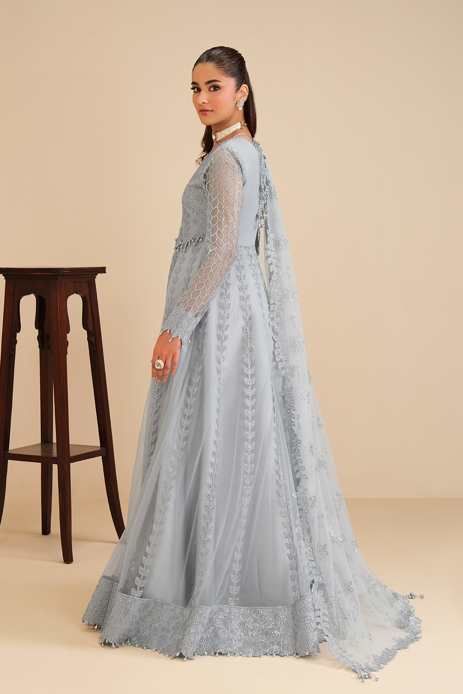 Ice Queen – Embroidered Icy Gray Net Maxi Gown 3-Piece Suit - Pehnaawaa