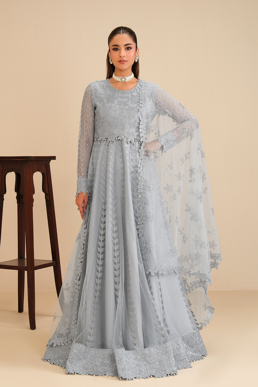 Ice Queen – Embroidered Icy Gray Net Maxi Gown 3-Piece Suit - Pehnaawaa