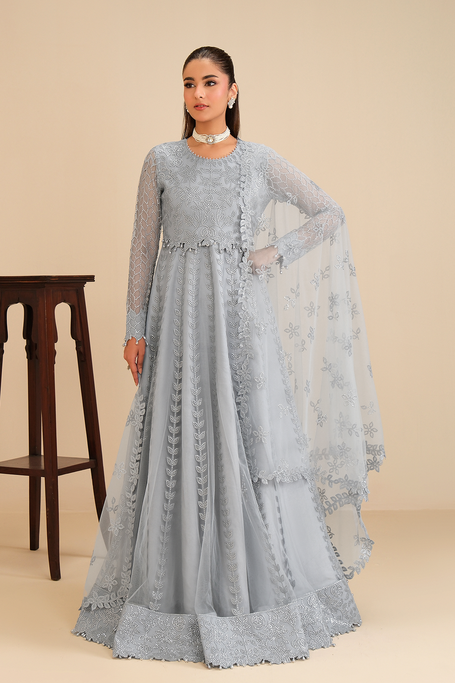 Ice Queen – Embroidered Icy Gray Net Maxi Gown 3-Piece Suit - Pehnaawaa