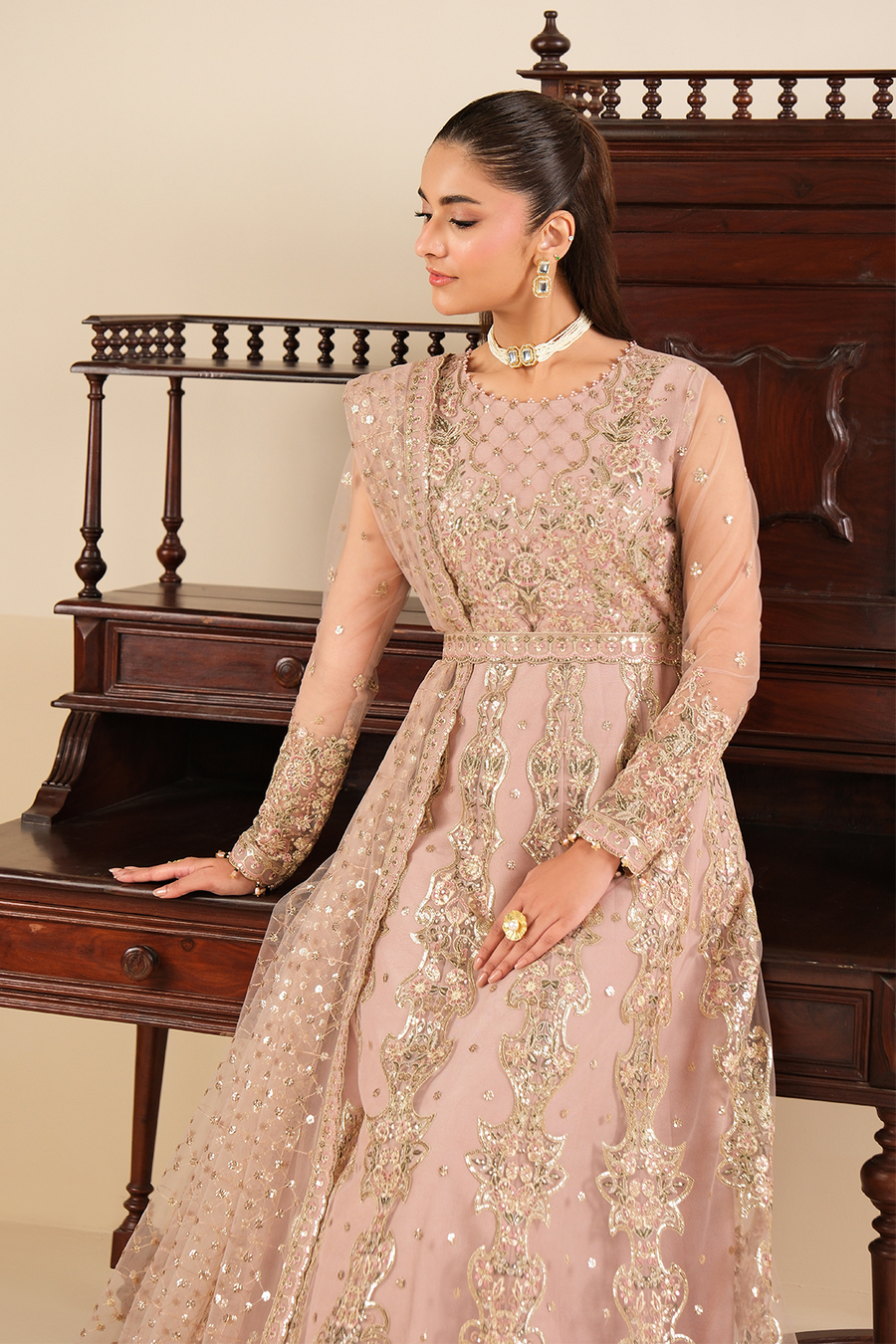 Blush Opulence – Embroidered Mauve Net Kalidar Gown 3-Piece Suit - Pehnaawaa