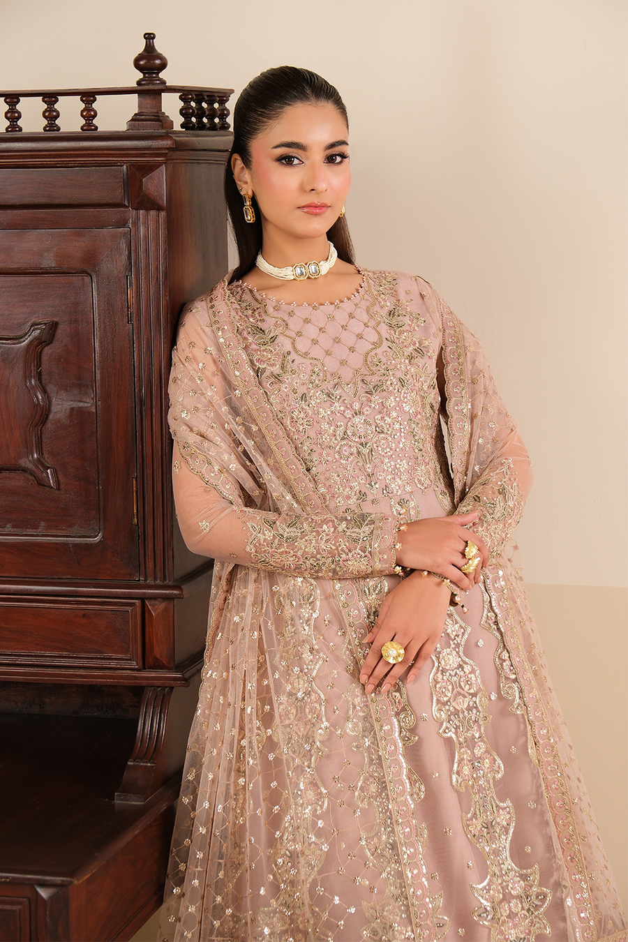 Blush Opulence – Embroidered Mauve Net Kalidar Gown 3-Piece Suit - Pehnaawaa