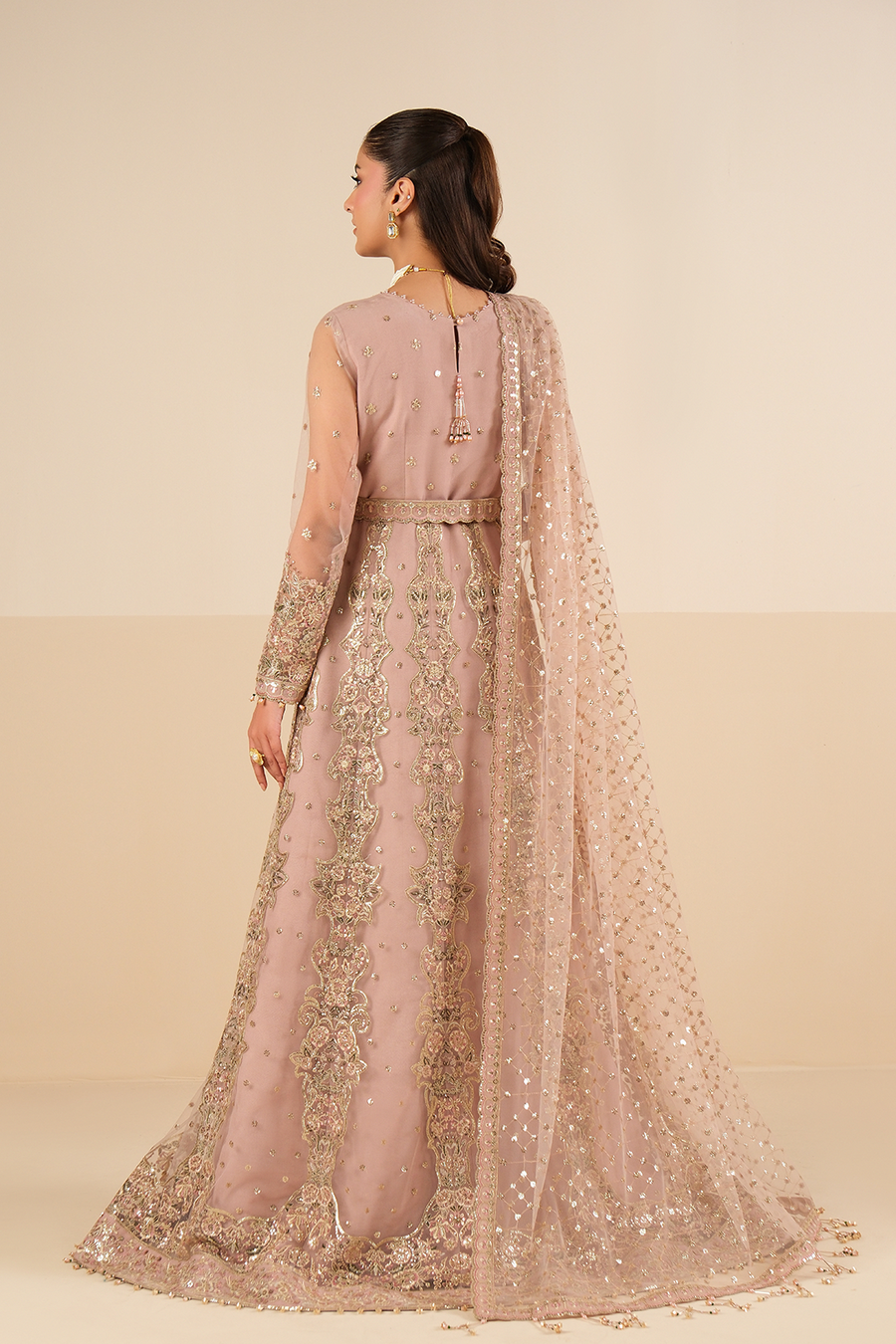 Blush Opulence – Embroidered Mauve Net Kalidar Gown 3-Piece Suit - Pehnaawaa