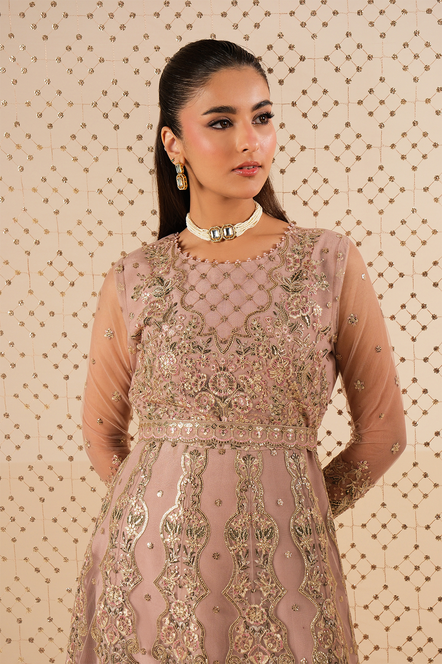 Blush Opulence – Embroidered Mauve Net Kalidar Gown 3-Piece Suit - Pehnaawaa