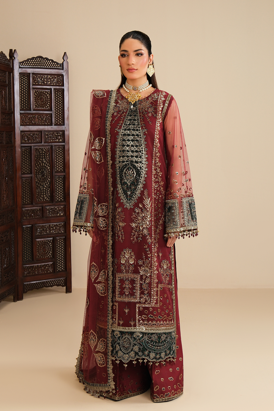 Crimson Royalty – Embroidered Maroon Net Festive 3-Piece Suit - Pehnaawaa