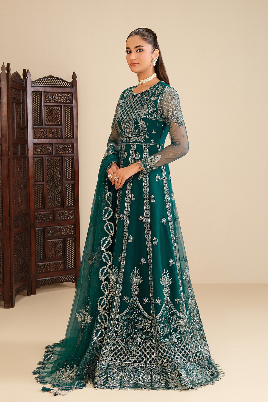 Emerald Enchantment – Embroidered Teal Net Kalidar 3-Piece Lehenga & Gown Suit - Pehnaawaa