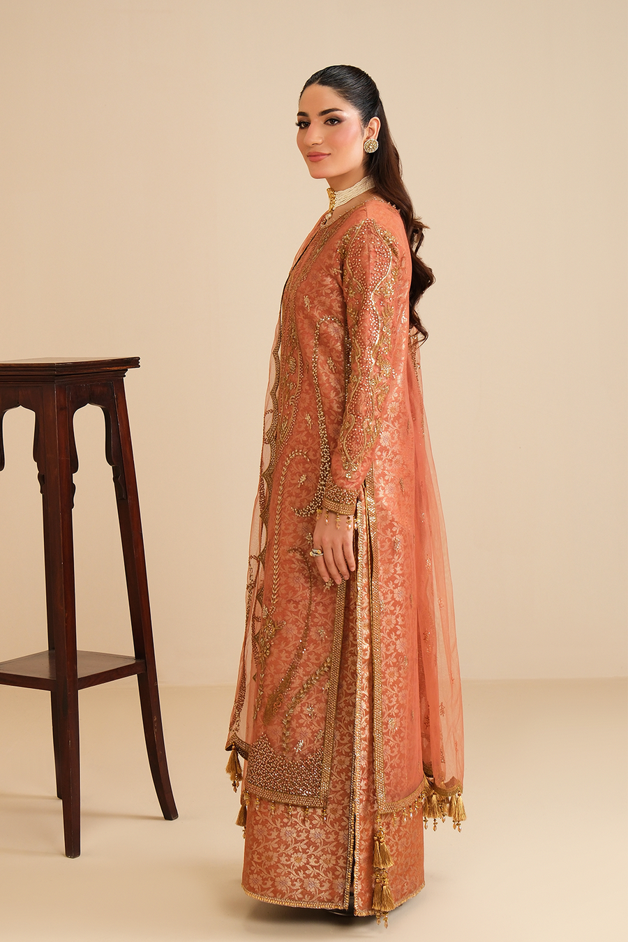 Peach Glow – Embroidered Terracotta Net Festive 3-Piece Suit with Jamawar - Pehnaawaa