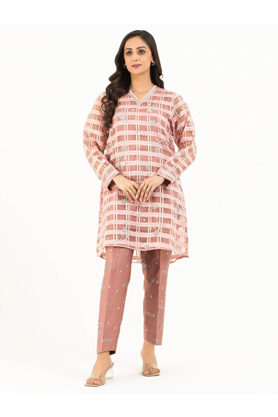 Gold Embroidered 3 Piece Organza Suit Set