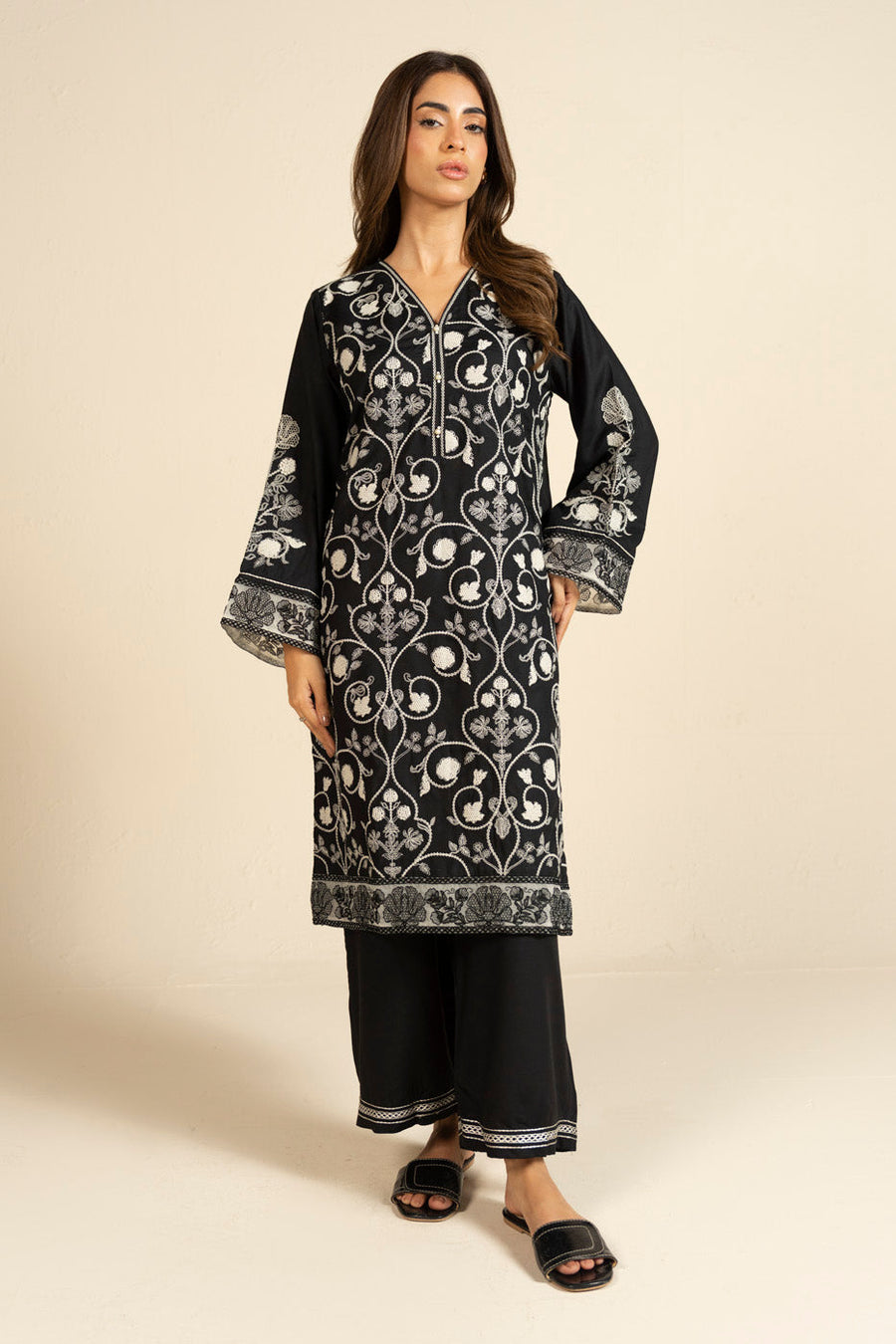 Midnight Navy Viscose 2-Piece Suit | Zardosi Floral Embroidery