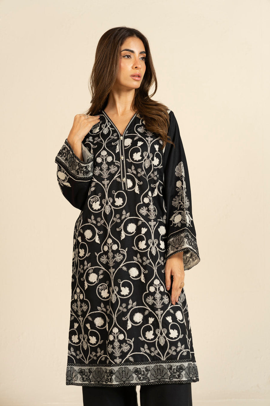 Midnight Navy Viscose 2-Piece Suit | Zardosi Floral Embroidery