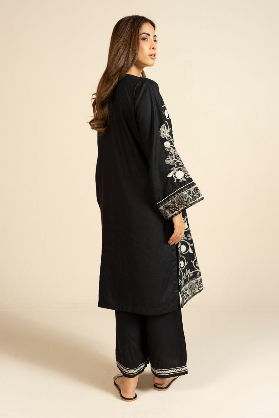 Midnight Navy Viscose 2-Piece Suit | Zardosi Floral Embroidery