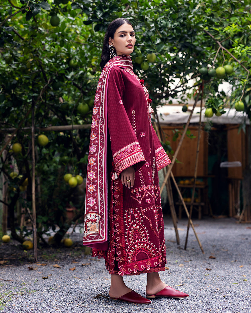 Side profile of woman in maroon embroidered karandi suit showcasing detailed sleeve embroidery and printed shawl