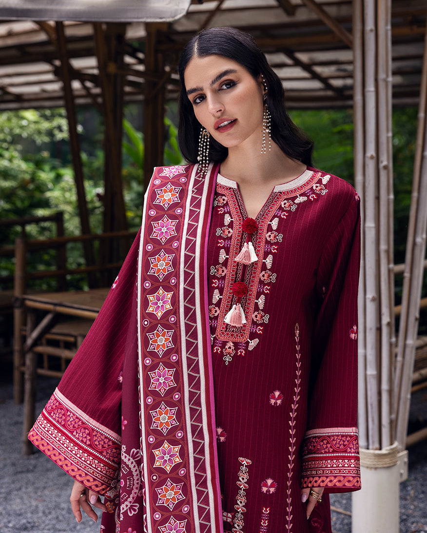 Close-up of woman in maroon karandi suit featuring embroidered neckline with tassel details and printed shawl