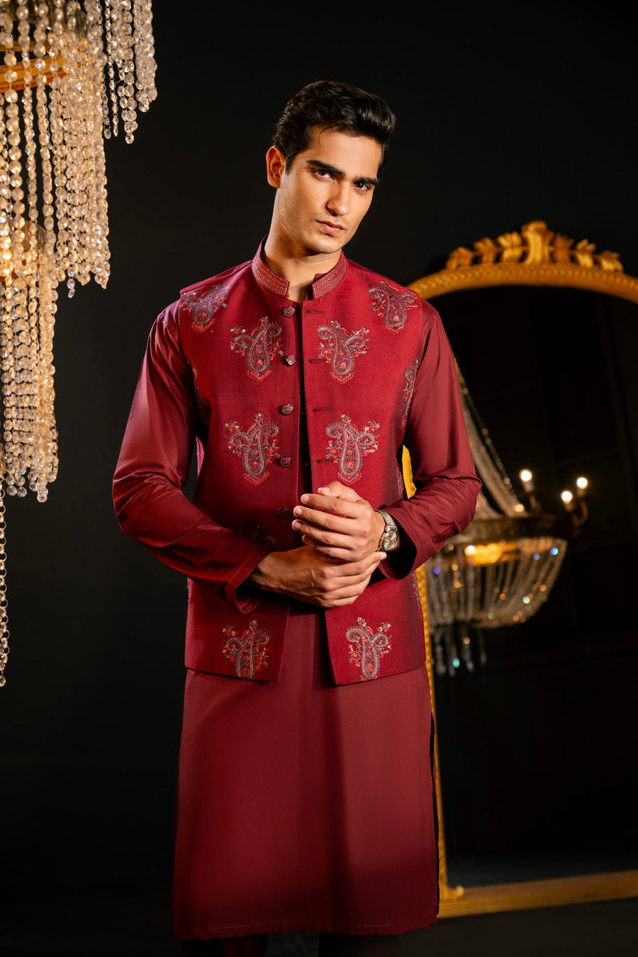 Burgundy Raw Silk 2-Piece Kurta | Zardosi Paisley