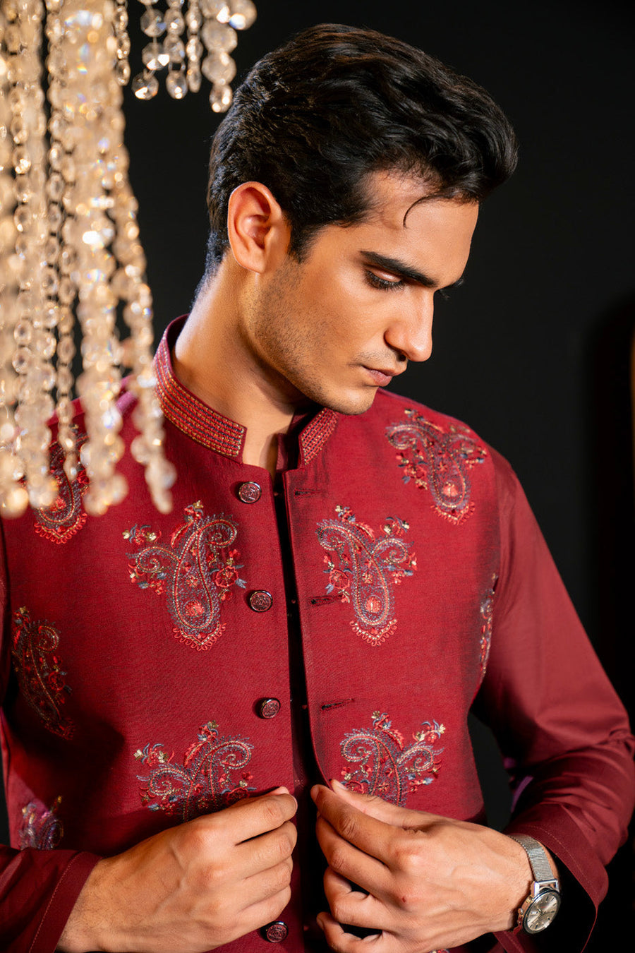 Burgundy Raw Silk 2-Piece Kurta | Zardosi Paisley