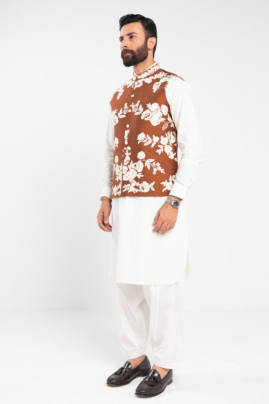 Rust Brown Raw Silk 3-Piece Kurta | Floral Resham Embroidery
