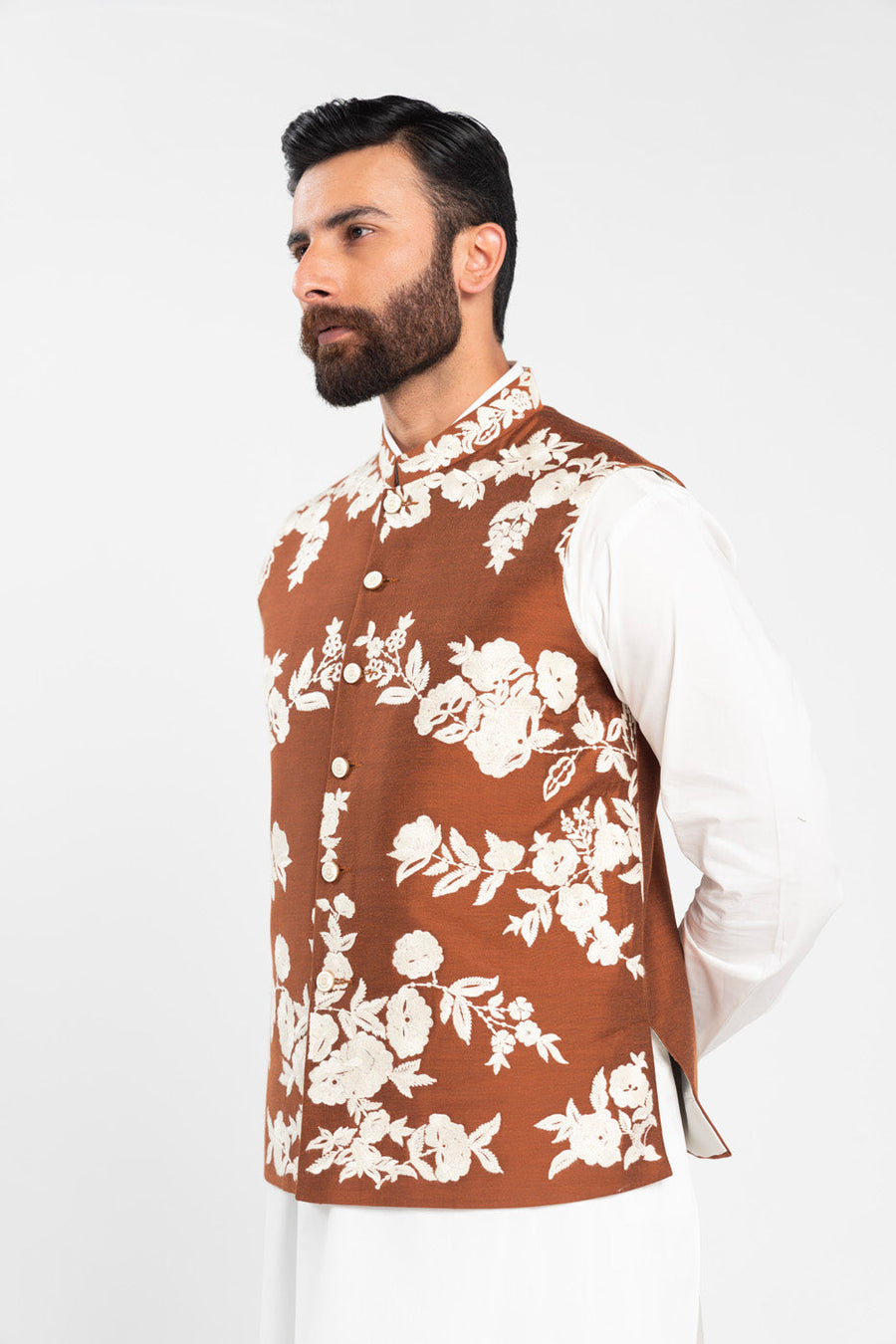 Rust Brown Raw Silk 3-Piece Kurta | Floral Resham Embroidery