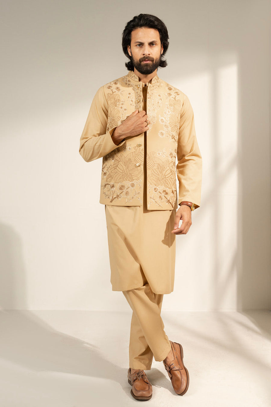 Cream Silk 3-Piece Kurta Set | Zardosi Embroidered Vest