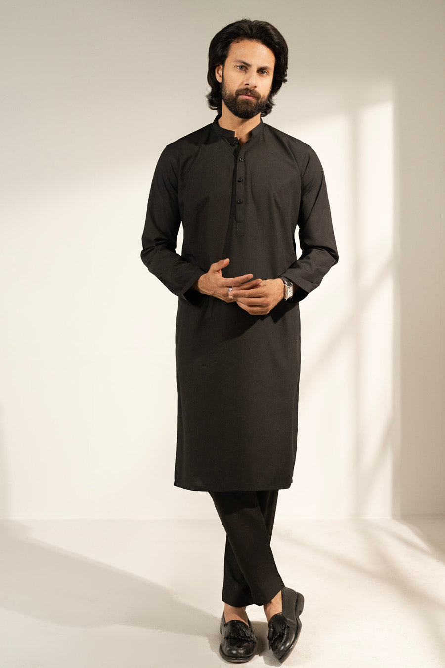Charcoal Silk Blend 2-Piece Kurta Set | Band Collar