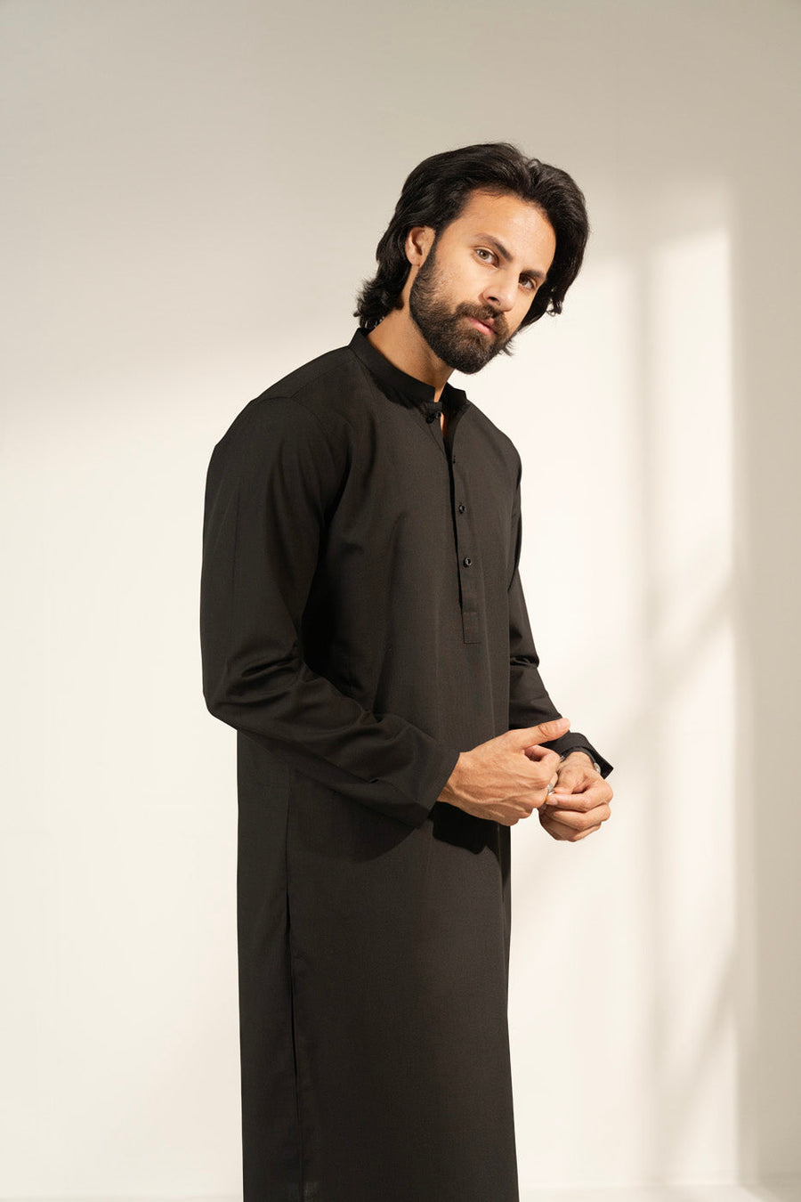 Charcoal Silk Blend 2-Piece Kurta Set | Band Collar