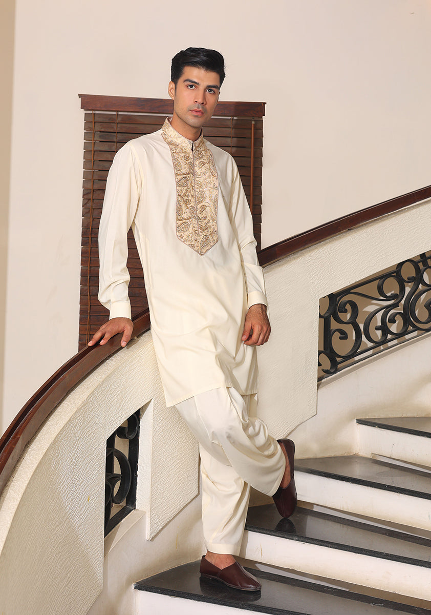 Premium Poly Viscose Vanilla Ice Embroidered Suit