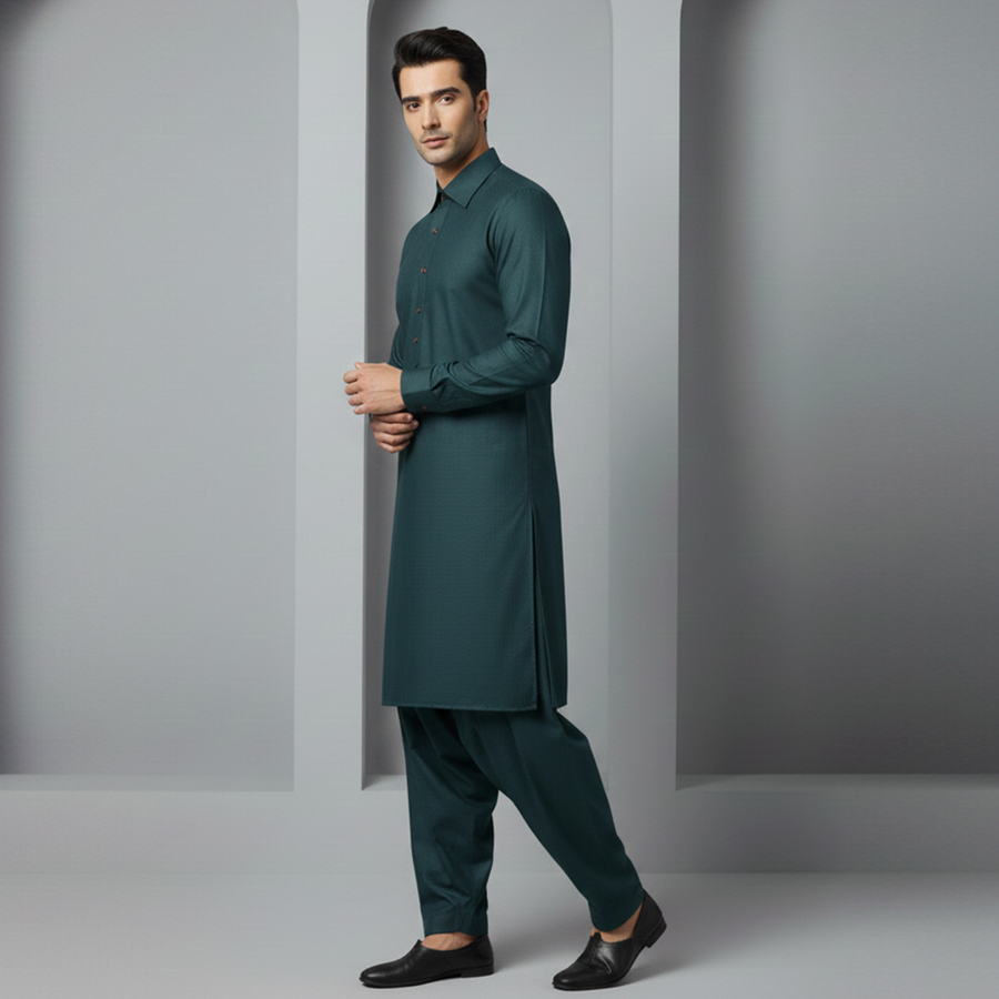 Profile of a male model wearing a deep green kurta and shalwar, highlighting the clean lines and tailored fit from the side