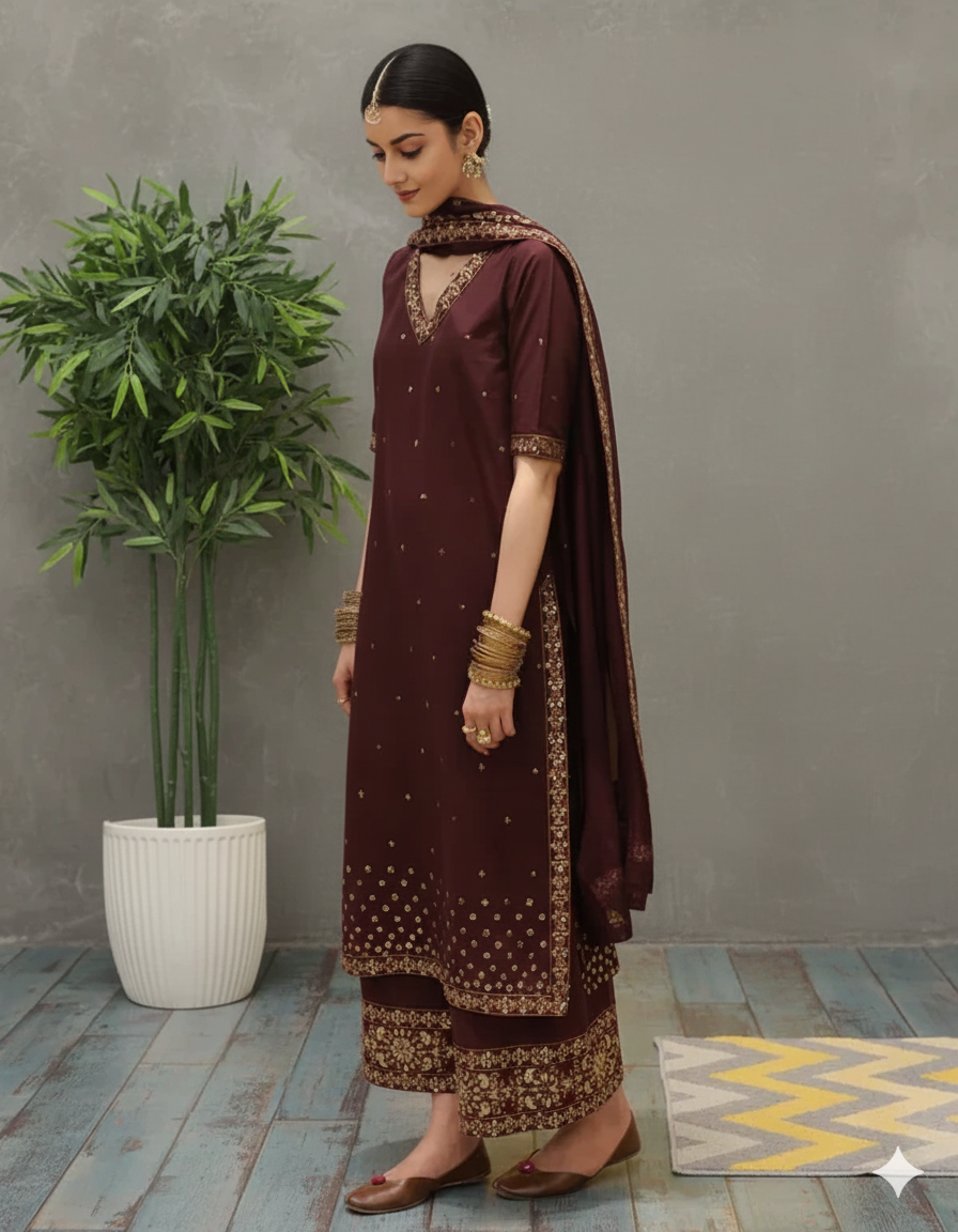 Mahroon Grace 3 piece Embroidered Luxury Pret For Women