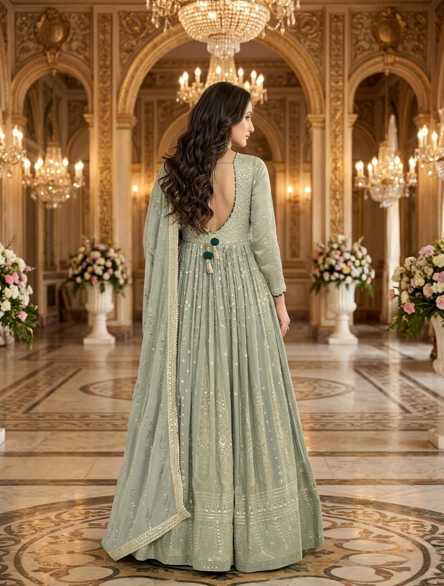 Mint Green Lucknowi Chikankari Georgette Anarkali Gown with Embroidered Dupatta