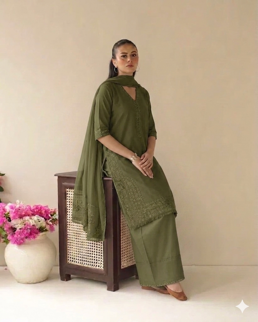 Olive Petal | 3 piece Stitched embroidered casual wear