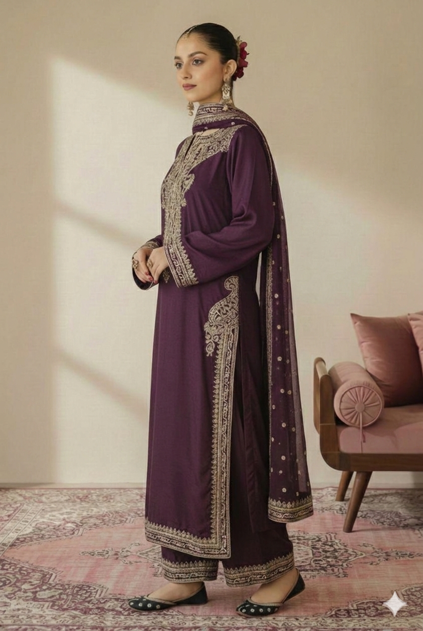 Plum Majesty | 3 piece Embroidered Luxury Pret For Women