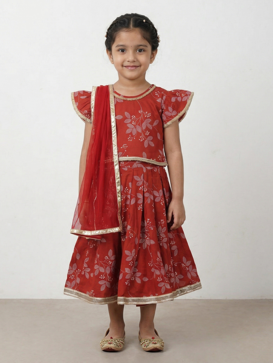 Girls Rust Rayon Floral Lehenga with Top and Dupatta (3 Piece)