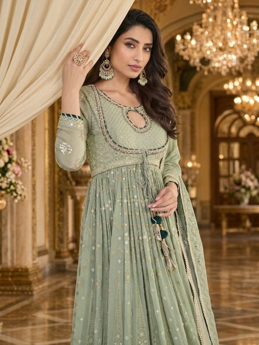 Mint Green Lucknowi Chikankari Georgette Anarkali Gown with Embroidered Dupatta