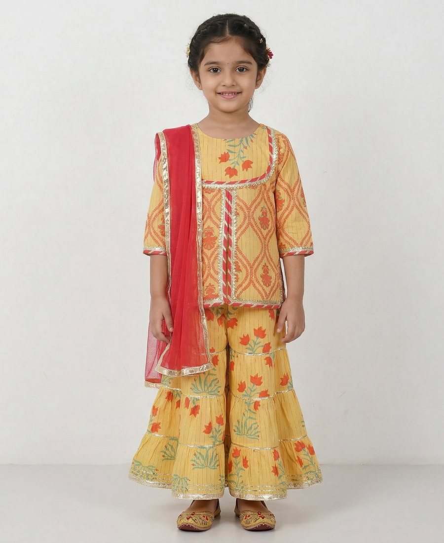 Girls Yellow Floral Yoke Kurti with Floral Sharara and Dupatta (3 Piece)