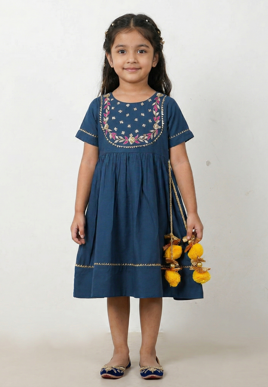 Girls Blue Hand Embroidered Ethnic Gota Dress with Pom Pom (1 Piece)