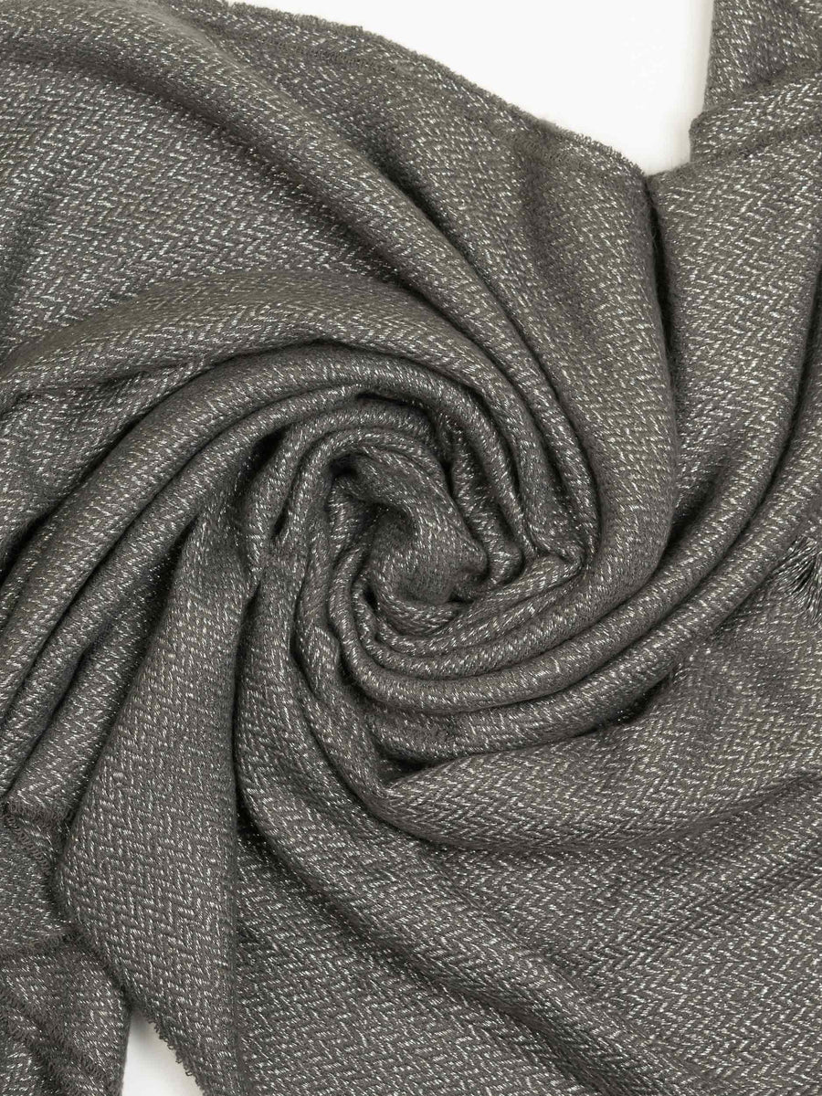 Close-up view of slate grey wool shawl showing detailed herringbone weave and subtle glitter threads