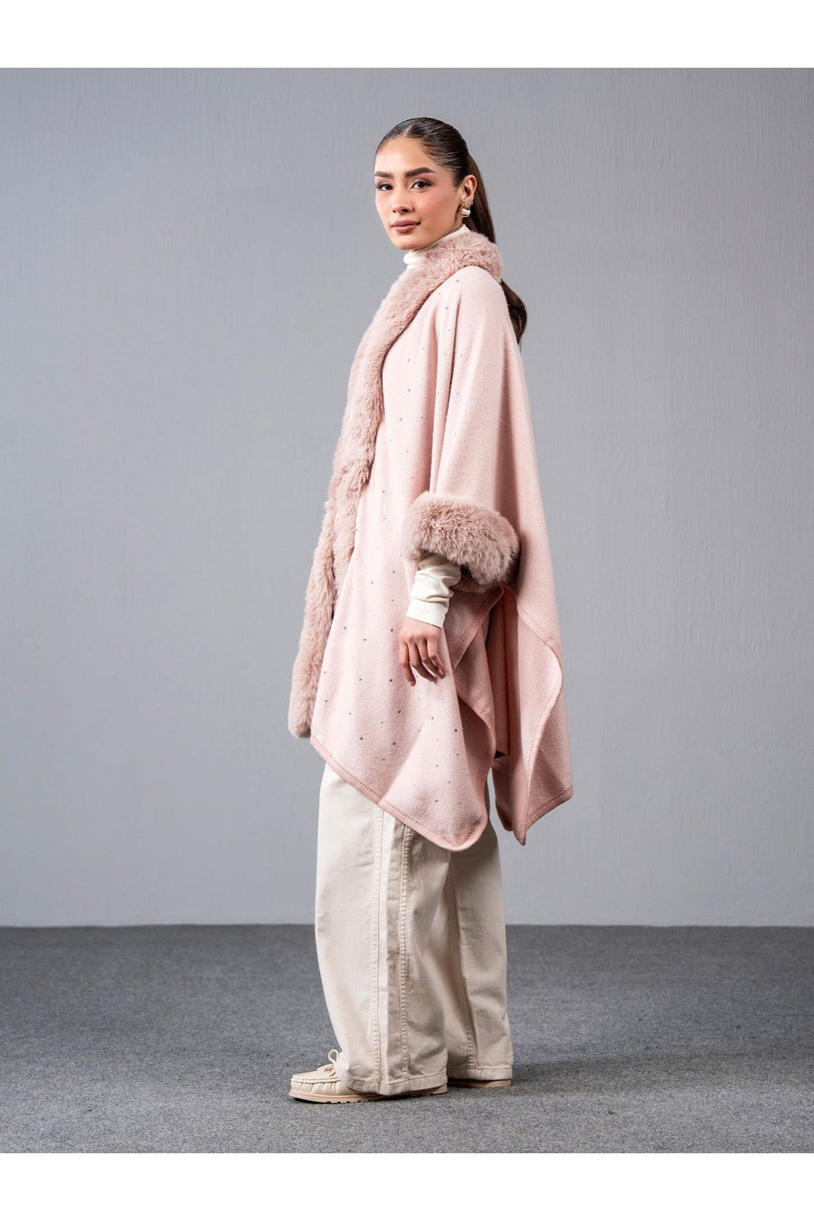 Dusty Rose Wool Blend 2-Piece Cape | Faux Fur Trim