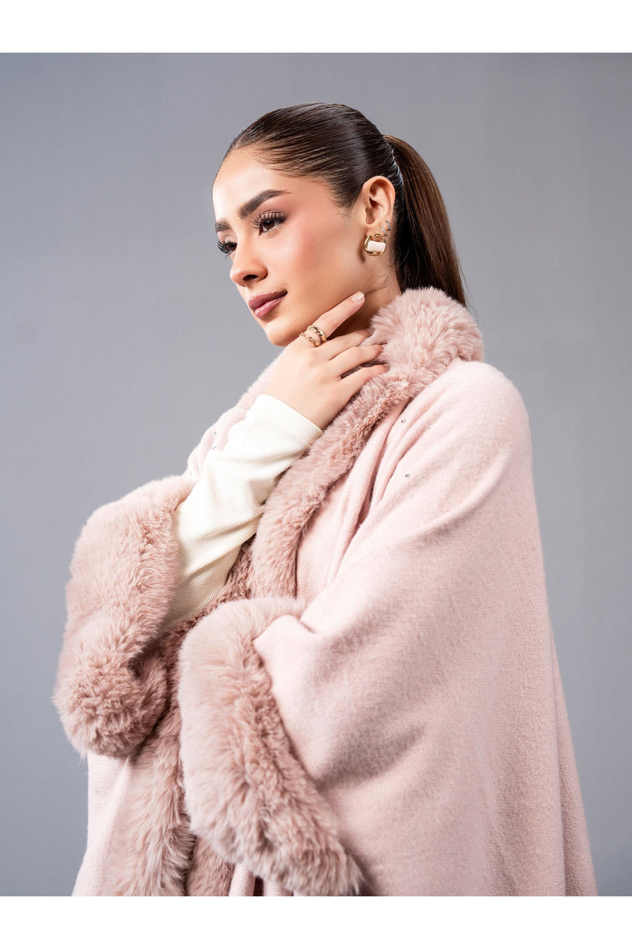 Dusty Rose Wool Blend 2-Piece Cape | Faux Fur Trim