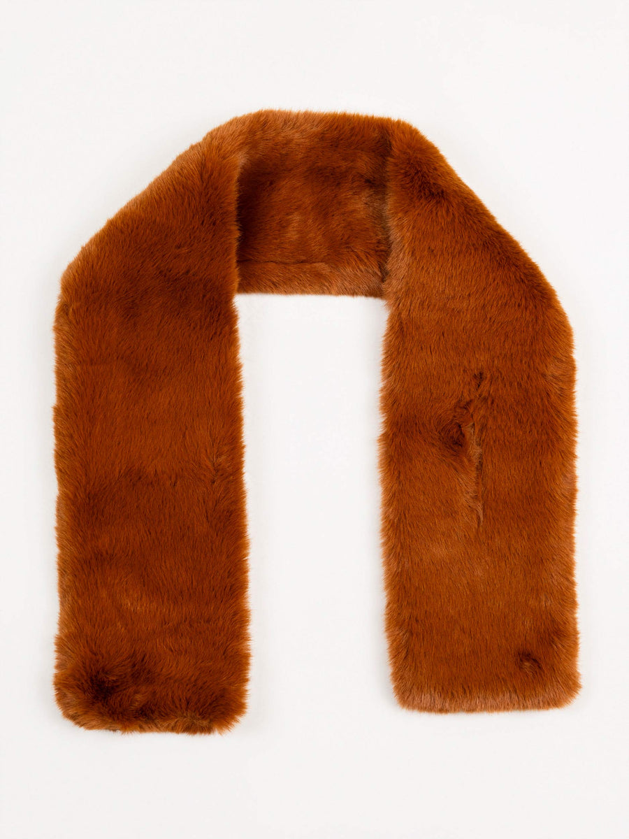 Rust brown plush fur muffler fully extended on a white background displaying smooth surface and rich color