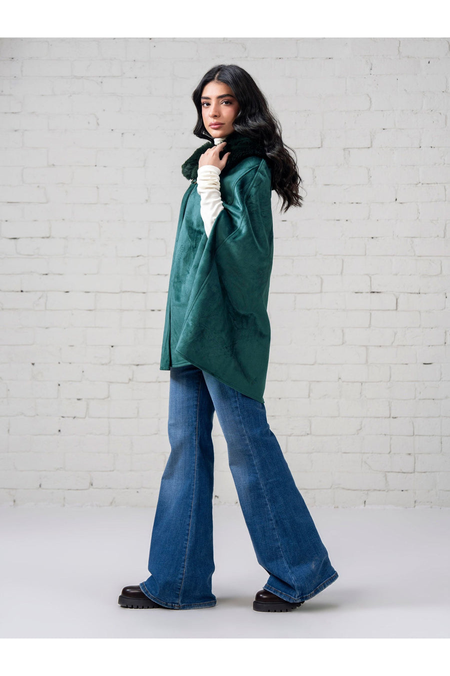 Emerald Suede Cape | Genuine Fur Collar & Drape