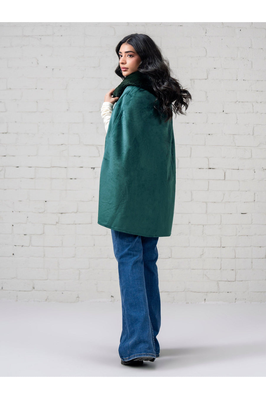 Emerald Suede Cape | Genuine Fur Collar & Drape