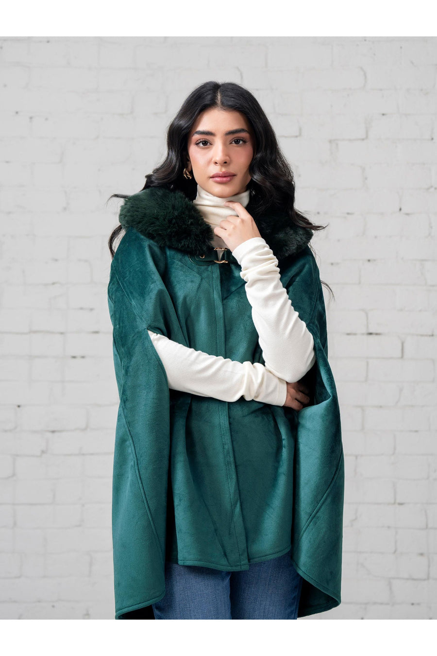 Emerald Suede Cape | Genuine Fur Collar & Drape