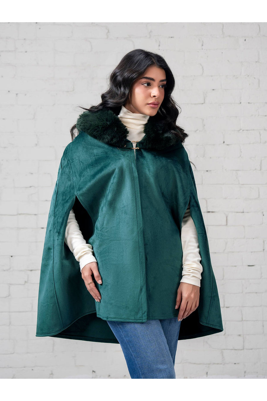 Emerald Suede Cape | Genuine Fur Collar & Drape