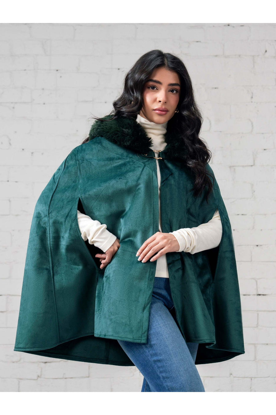 Emerald Suede Cape | Genuine Fur Collar & Drape