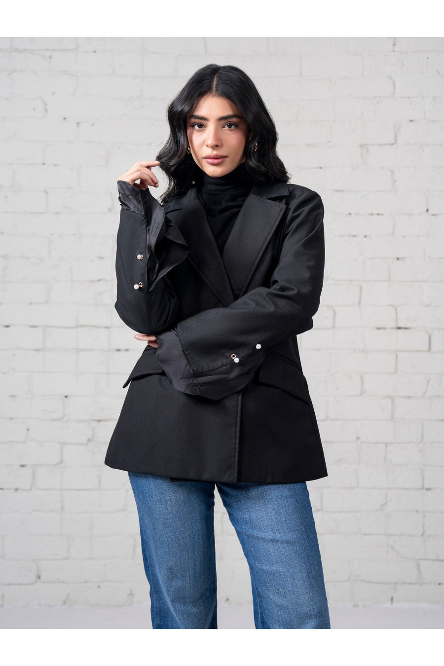Midnight Blended Organza 1-Piece Blazer | Ruffled Cuff