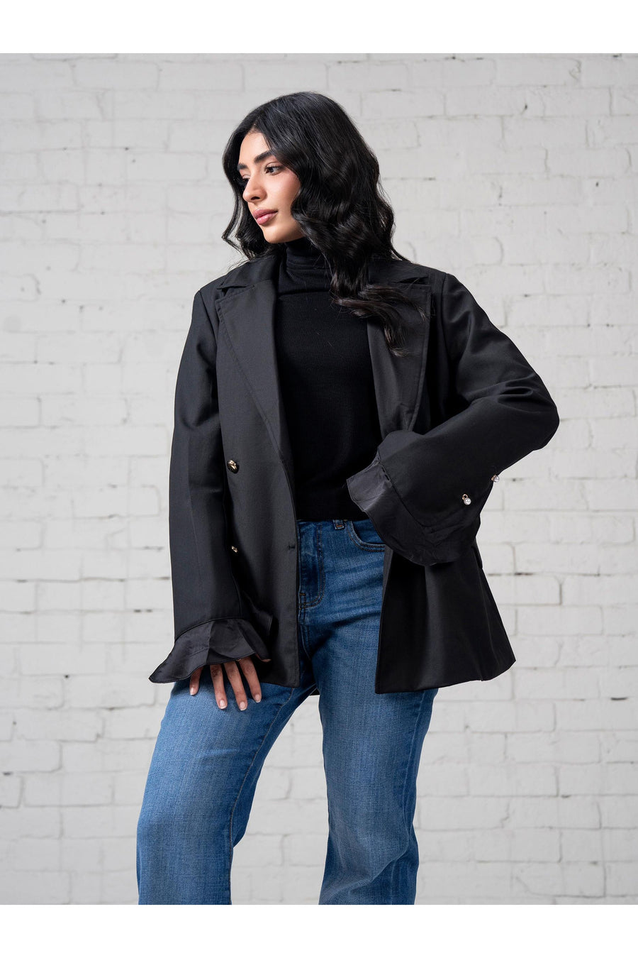Midnight Blended Organza 1-Piece Blazer | Ruffled Cuff