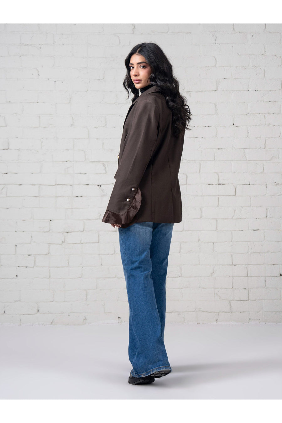 Chocolate Brown Organza Blend 1-Piece Blazer | Organza Cuff Detail