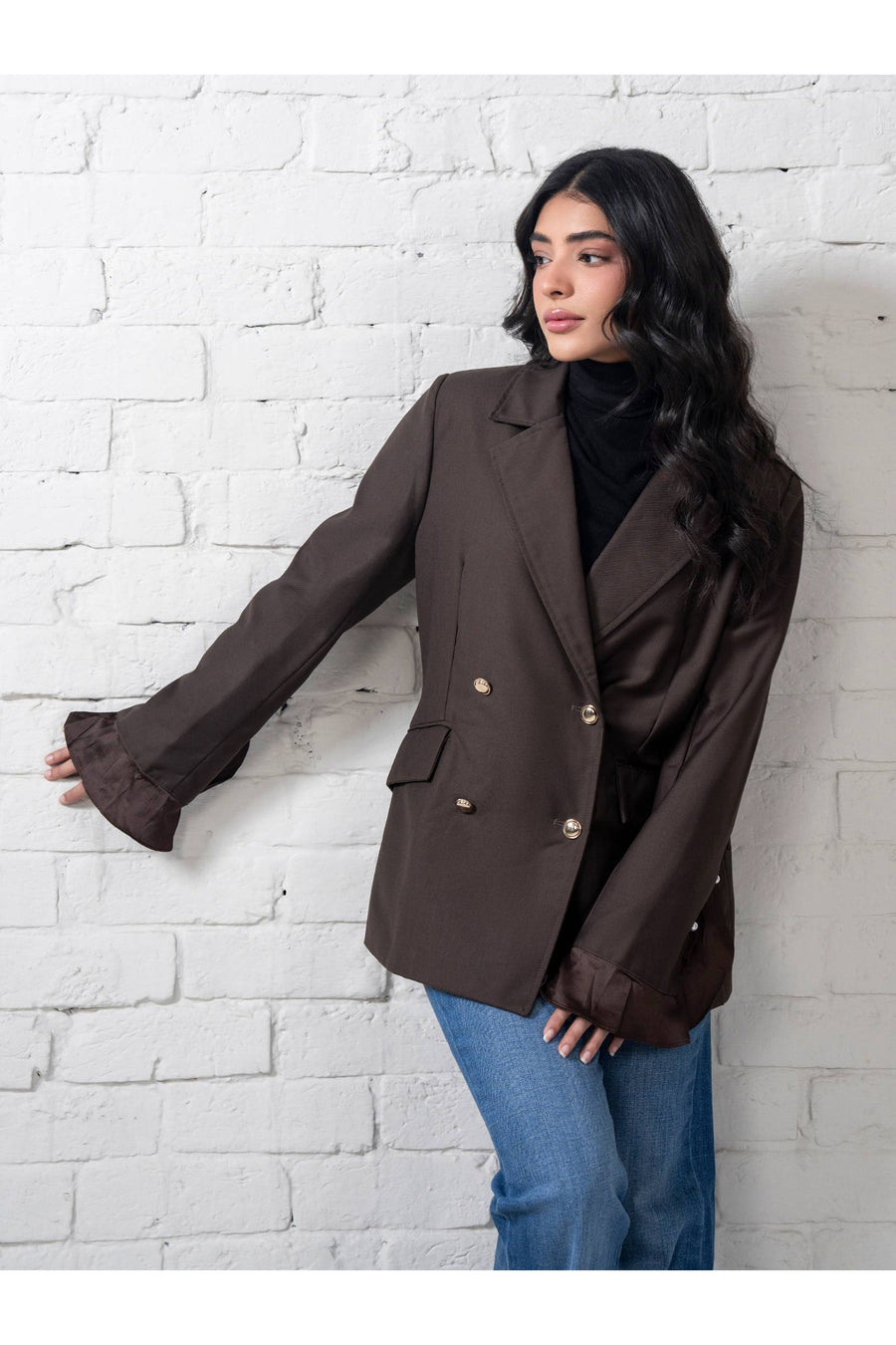 Chocolate Brown Organza Blend 1-Piece Blazer | Organza Cuff Detail