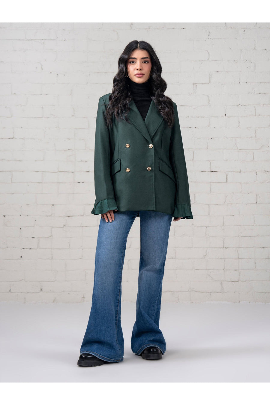 Sage Organza Silk Blazer | Double-Breasted with Ruffle Cuffs