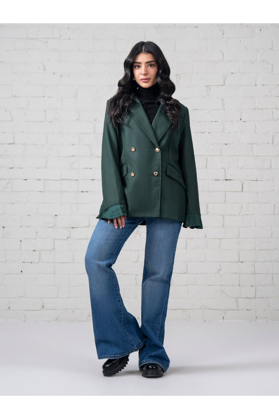 Sage Organza Silk Blazer | Double-Breasted with Ruffle Cuffs