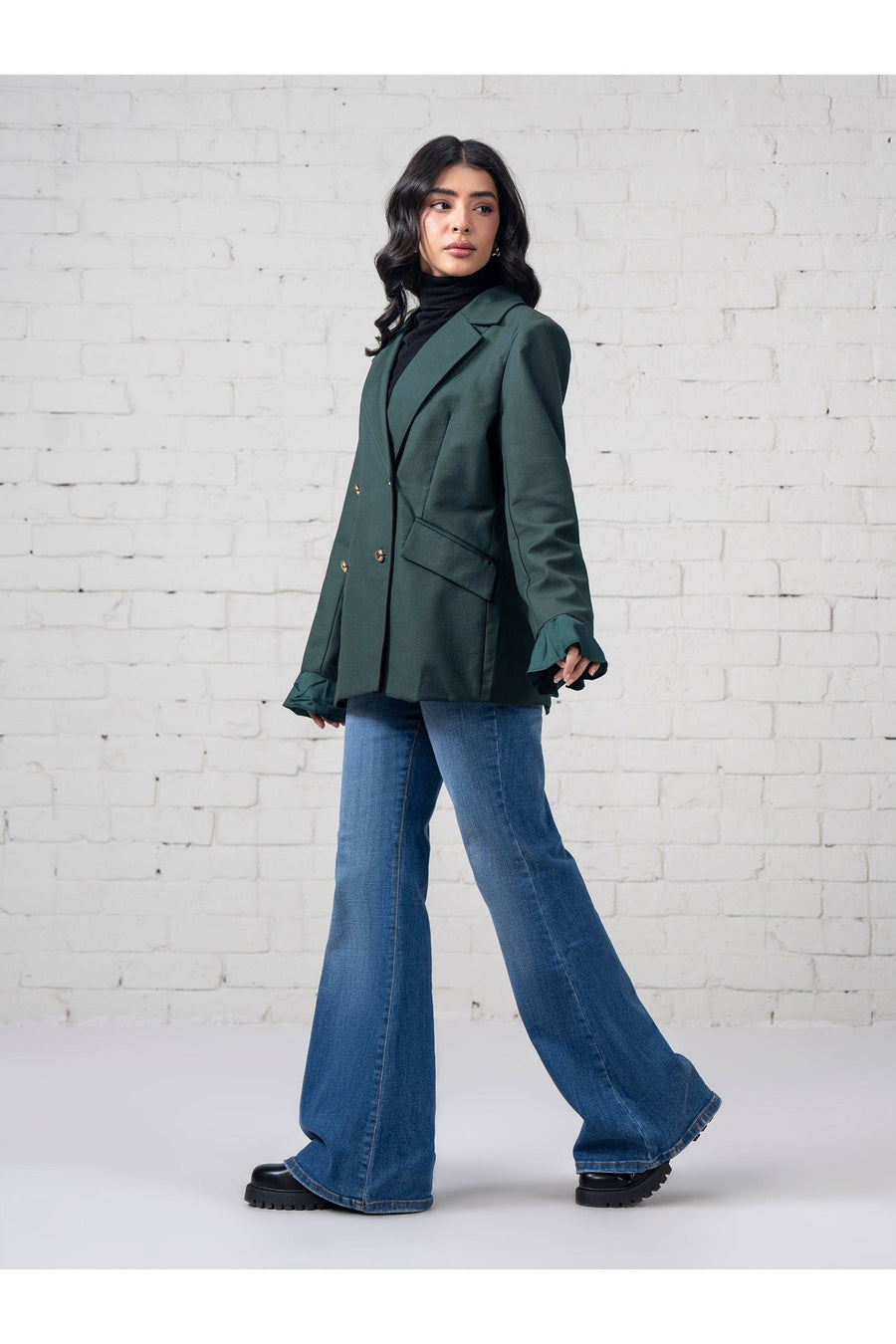 Sage Organza Silk Blazer | Double-Breasted with Ruffle Cuffs
